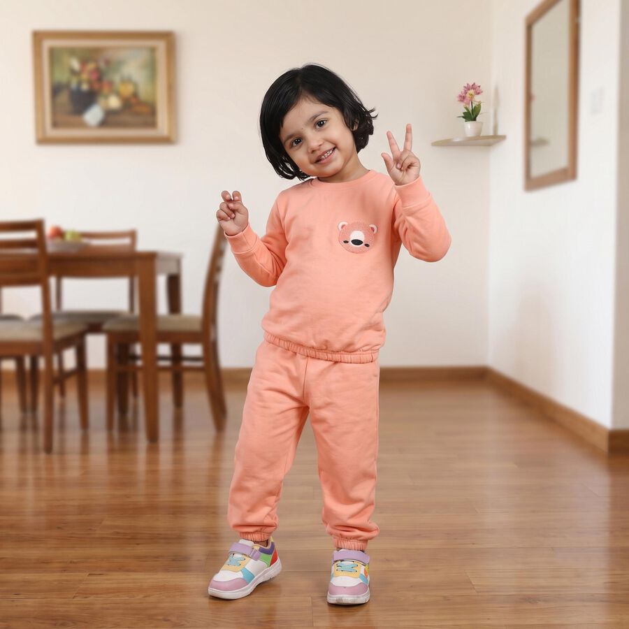 Girls Peach Round Neck Lounge Hipster Set, पीच, large