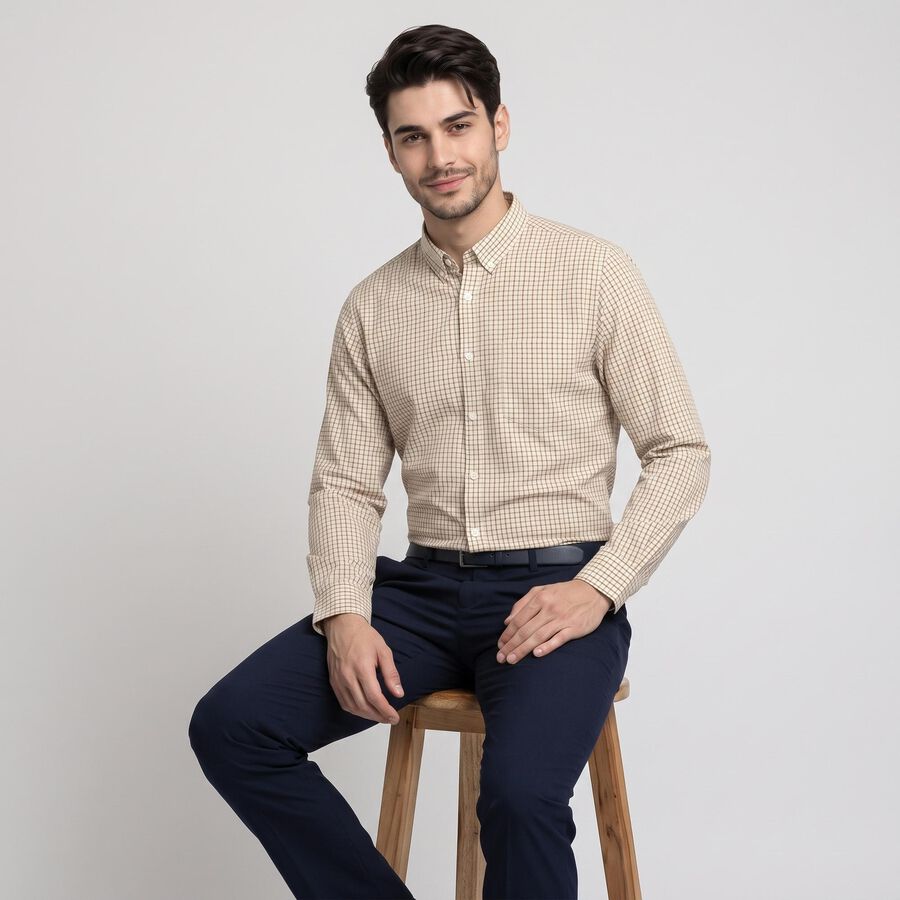 Men's Beige Checked Formal Shirt, Beige, large
