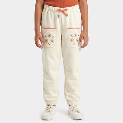 Girls' Off White Jogger Fit Floral Embroidered Cotton Pyjama