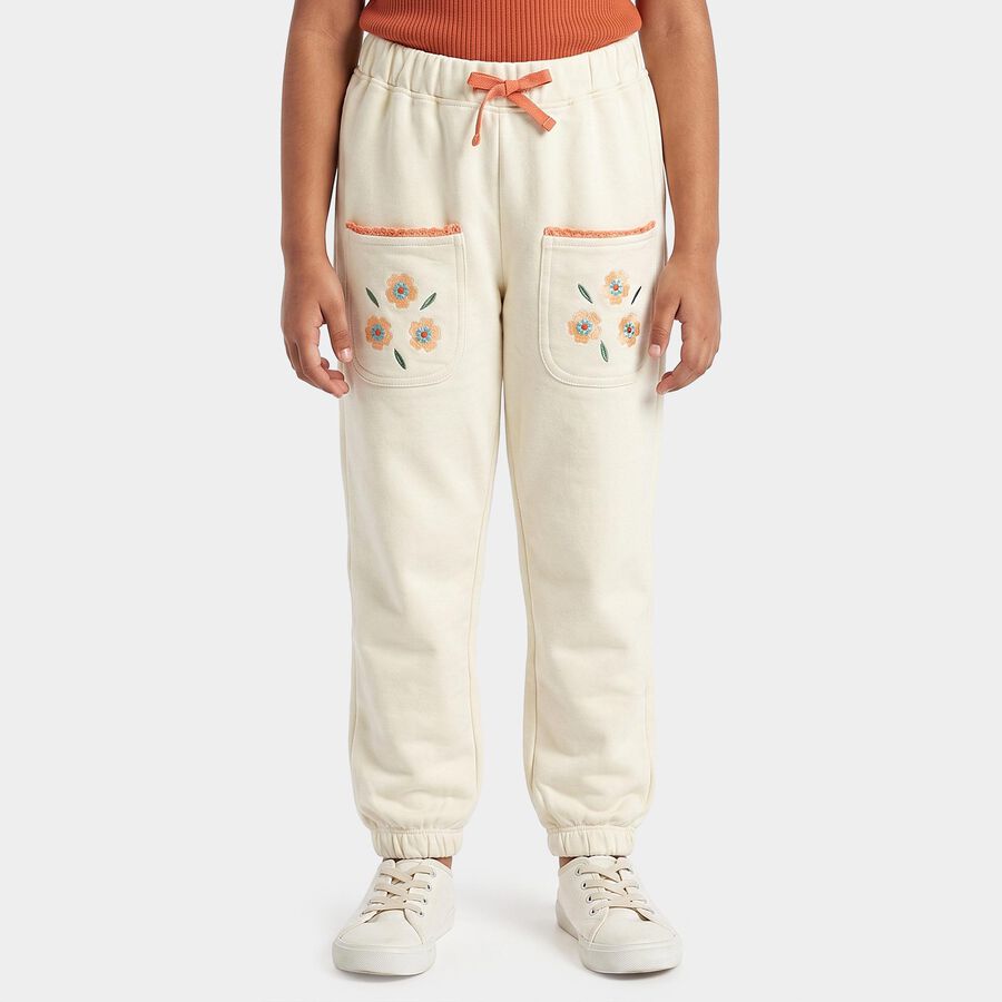 Girls' Off White Jogger Fit Floral Embroidered Cotton Pyjama, Off White, large