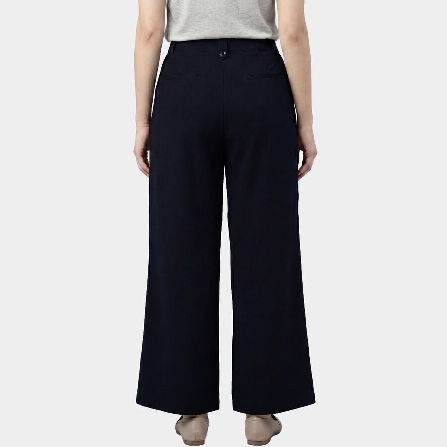 Women's Navy Blue Relaxed Fit Pleated Wide-Leg Trousers, नेवी ब्लू, large