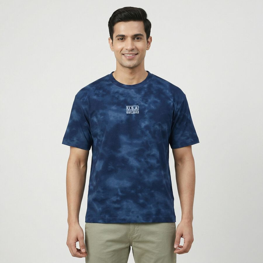 Men's Dark Blue Round Neck Casual T-Shirt, गहरा नीला, large