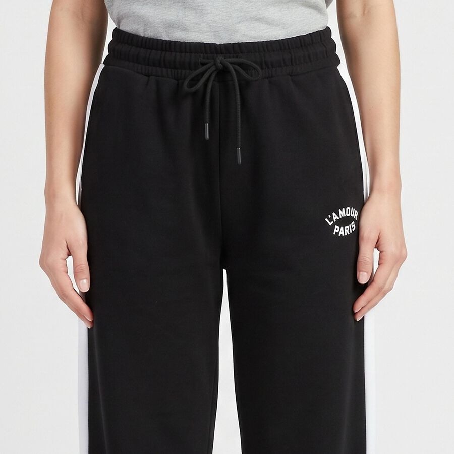 Women's Black Straight Fit Side-Striped Track Pants, Black, large