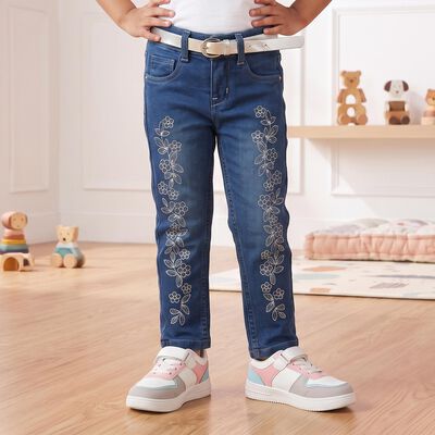 Girls Blue Straight Fit Embroidered Jeans