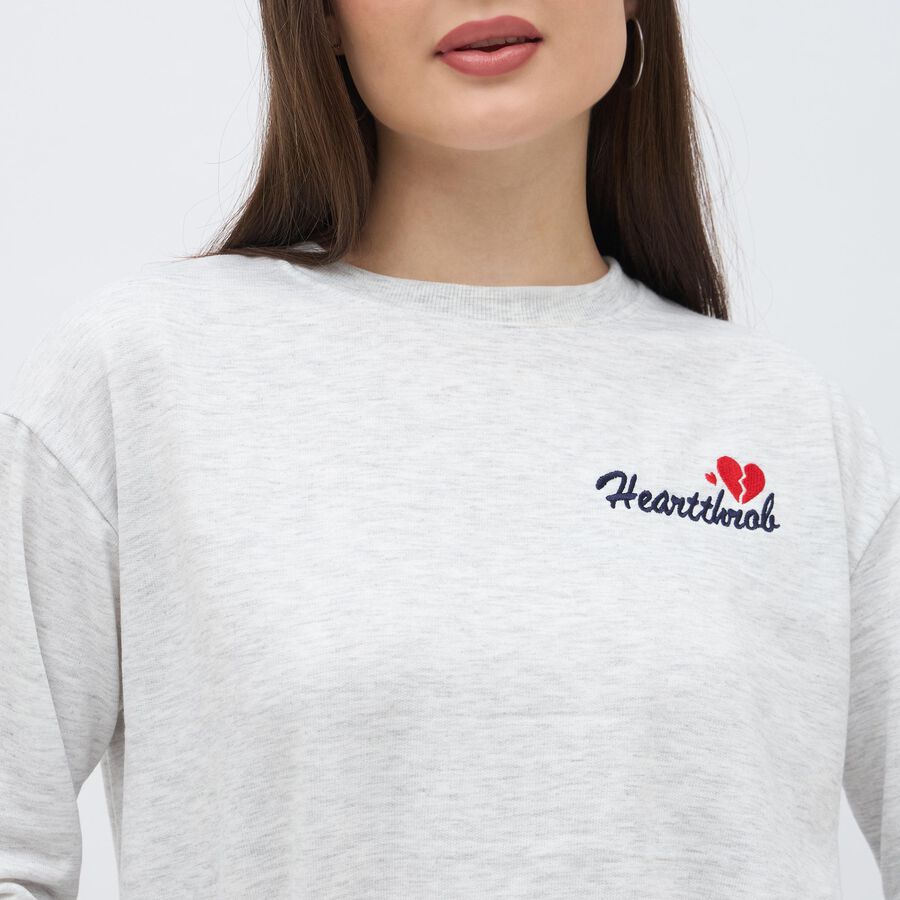 Women's Light Grey Crew Neck Casual Sweatshirt, Melange Light Grey, large image number null