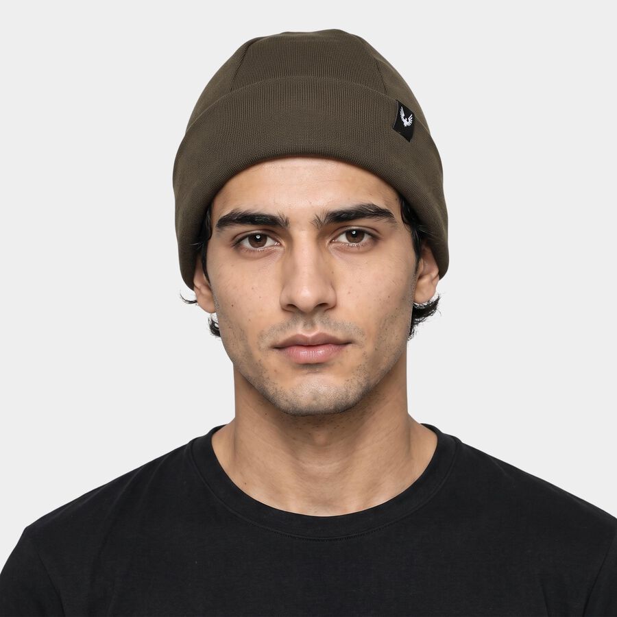 Men's Olive Green Solid Beanie Cap, Olive, large