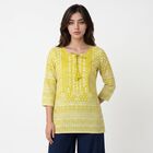 Women's Yellow Round Neck Tie-Up Printed Kurti, पीला, small