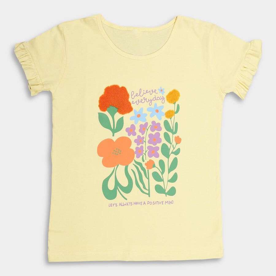 Girls' Soft Yellow Cotton Round Neck Ruffle Sleeve T-Shirt, Yellow, large image number null