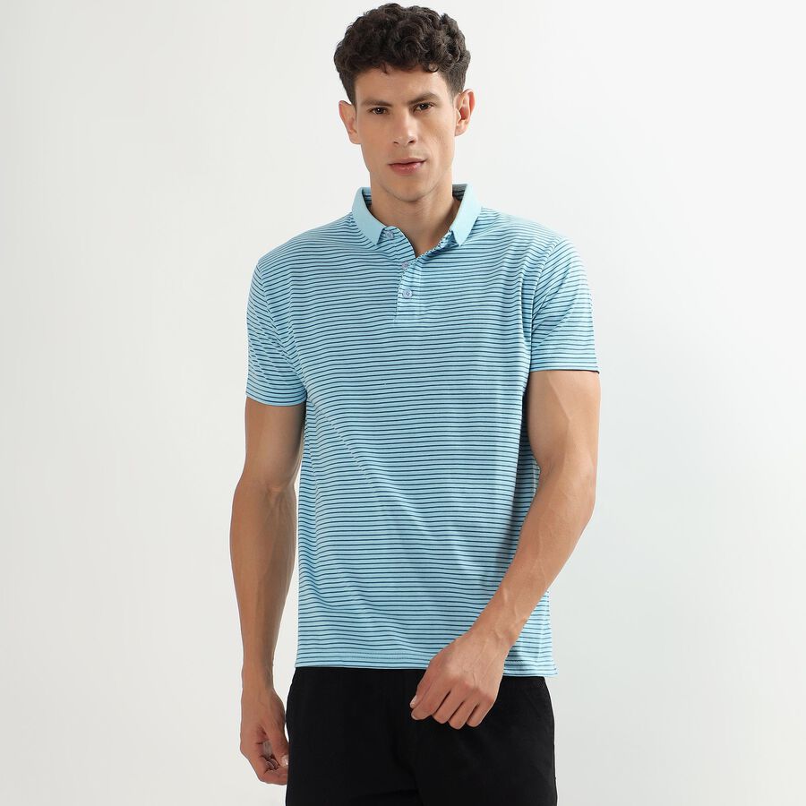 Men's Light Blue Polo Neck Striped T-Shirt, Light Blue, large image number null