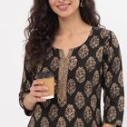 Women's Black Round Neck Printed Straight Kurti, Black, small