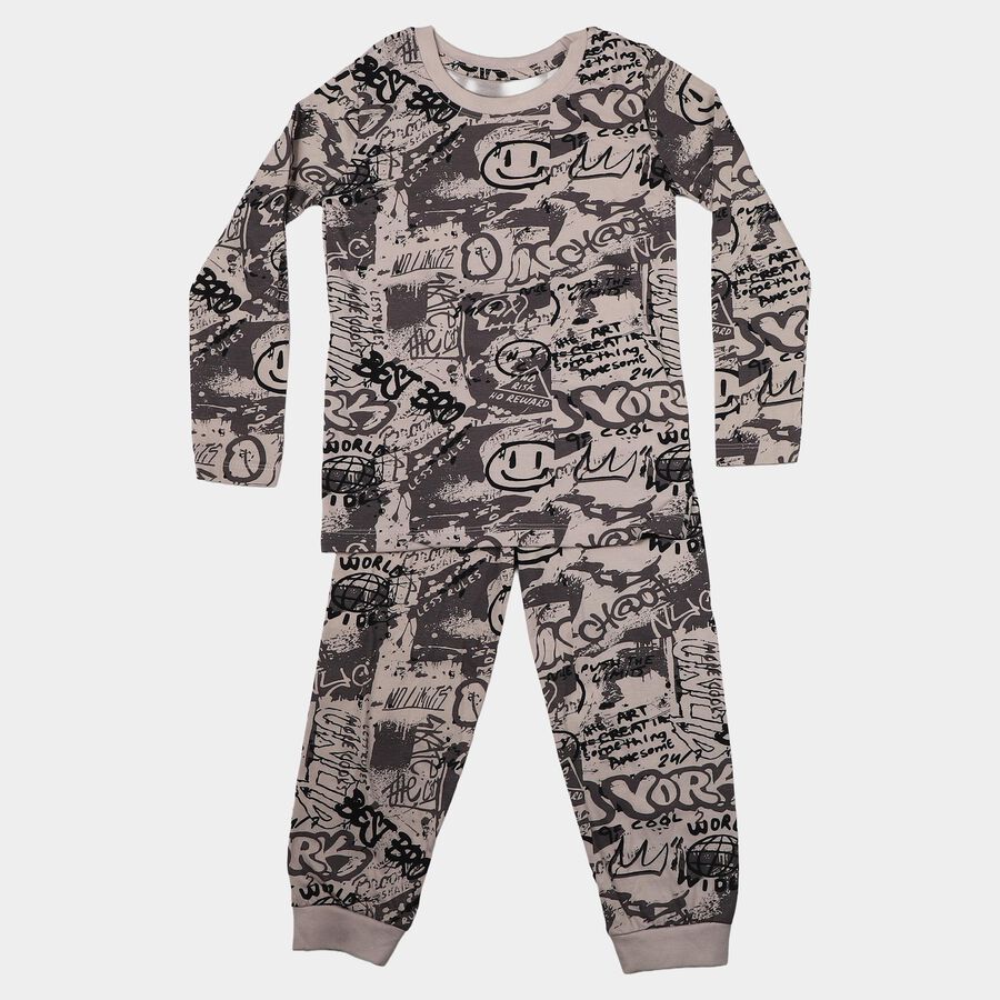 Boys Charcoal Cotton Round Neck Graphic Print Baba Suit, Charcoal, large