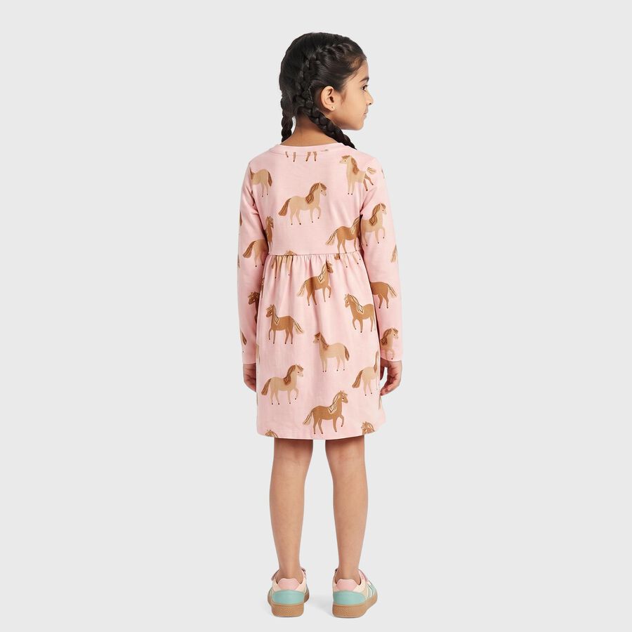 Girls Pink Horse Printed Fit and Flare Frock, Light Pink, large