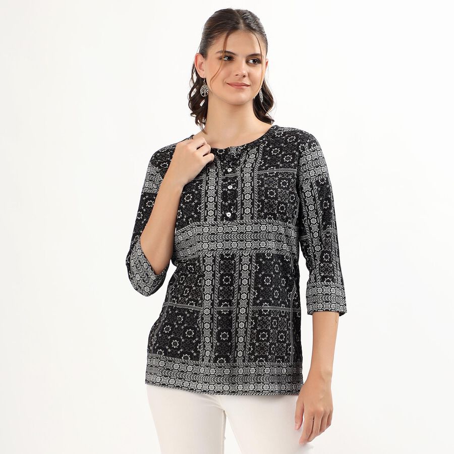 Women's Jet Black Round Neck Printed Kurti, Black, large image number null