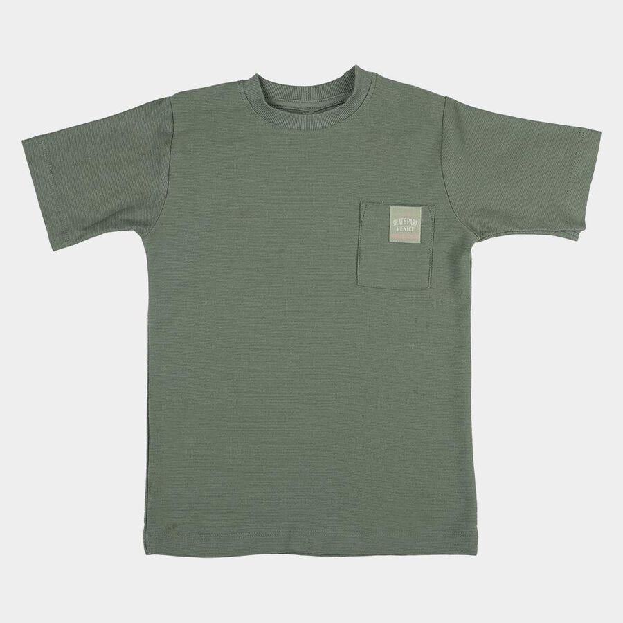 Boys' Olive Green Cotton Crew Neck Textured T-Shirt, Light Green, large