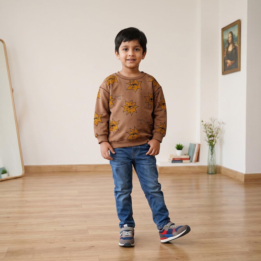 Boys' Beige Round Neck Pullover Sweatshirt, गहरा पीला, large