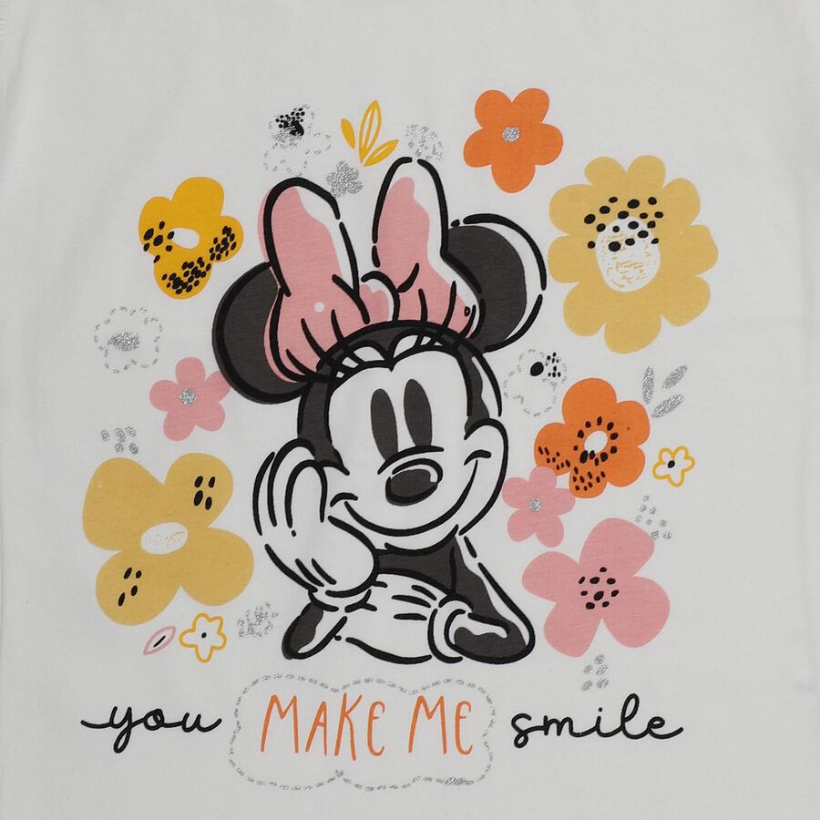 Girls' Off-White Cotton Round Neck Minnie Mouse Printed T-Shirt, ऑफ व्हाइट, large