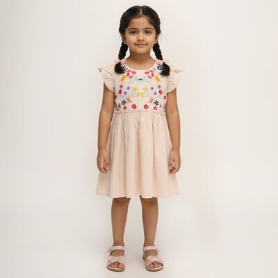 Girls' Light Peach Embroidered Cotton Casual Frock