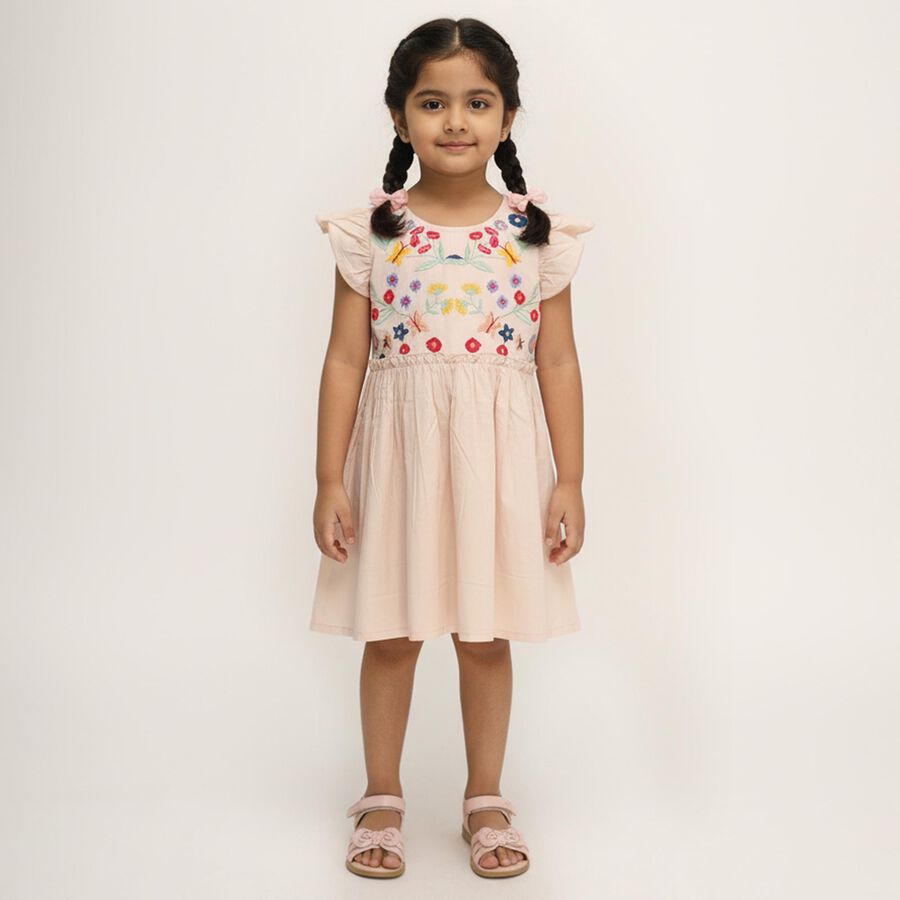 Girls' Light Peach Embroidered Cotton Casual Frock, Light Pink, large image number null