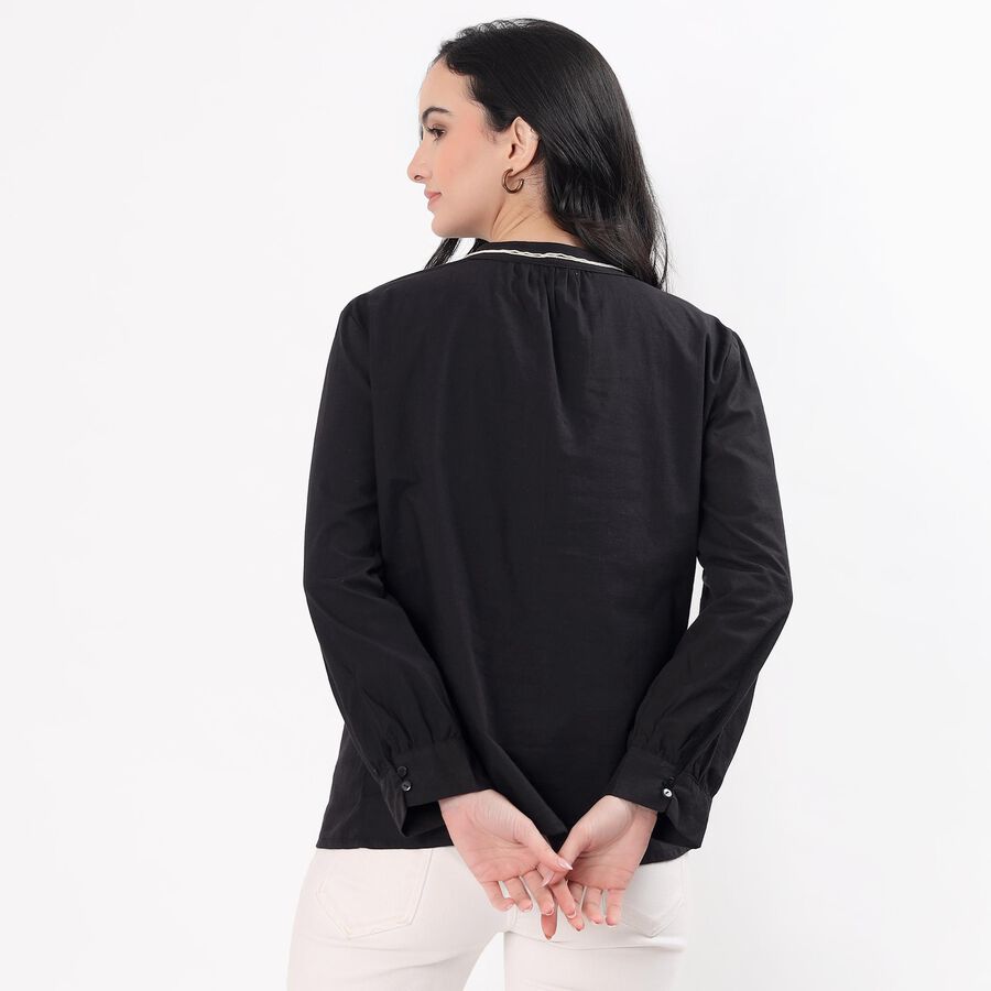 Women's Jet Black Cotton Mandarin Collar Casual Shirt, Black, large