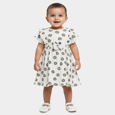 Infants' White Daisy Print Ruffle Sleeve Cotton Frock