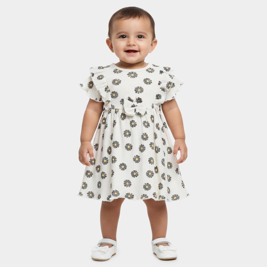 Infants' White Daisy Print Ruffle Sleeve Cotton Frock, Off White, large