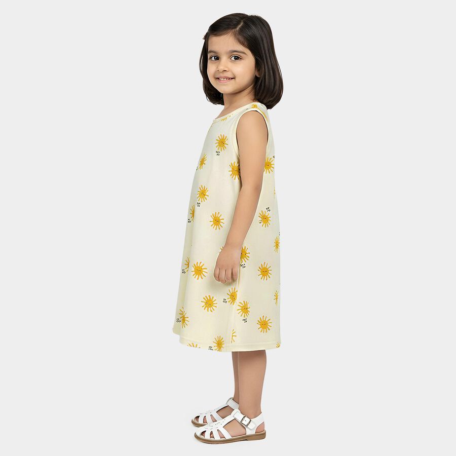 Girls' Yellow A-Line Sun Printed Sleeveless Frock, Yellow, large
