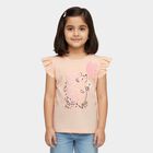 Girls Light Peach Cotton Round Neck Ruffle Sleeve Graphic T-Shirt, हल्का गुलाबी, small image number null