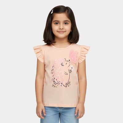 Girls Light Peach Cotton Round Neck Ruffle Sleeve Graphic T-Shirt