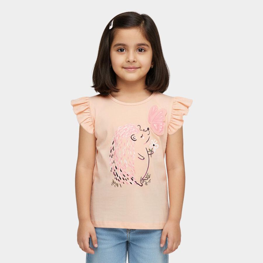 Girls Light Peach Cotton Round Neck Ruffle Sleeve Graphic T-Shirt, हल्का गुलाबी, large image number null