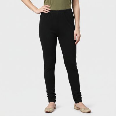 Women's Black Cotton Blend Elastic Waist Skinny Fit Churidar