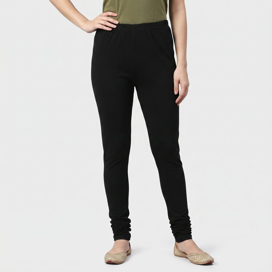 Women's Black Cotton Blend Elastic Waist Skinny Fit Churidar, काला, large