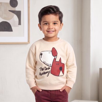 Boys' Beige Crew Neck Graphic Print Sweatshirt