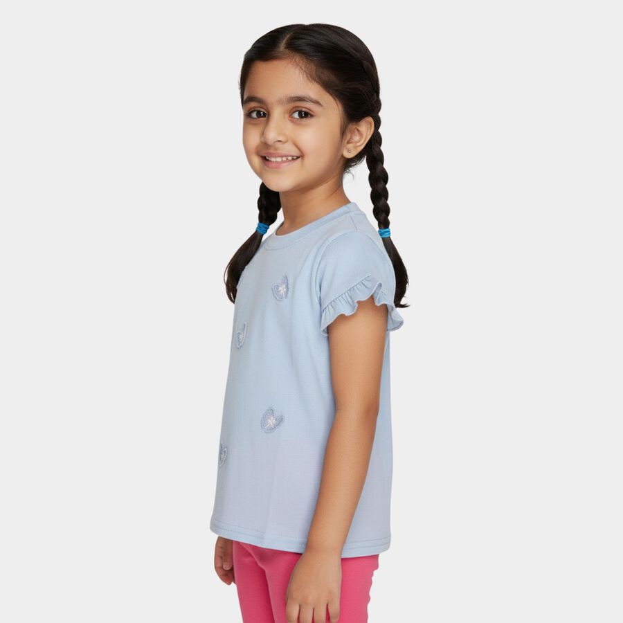 Girls Blue Cotton Round Neck Ruffle Sleeve Butterfly T-Shirt, Light Blue, large