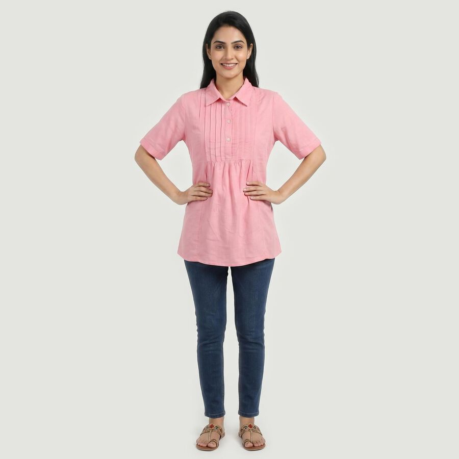 Women's Pink Collar Neck Solid A-Line Kurti, Light Pink, large
