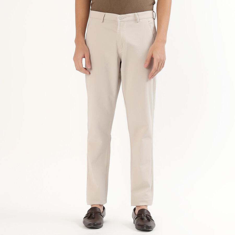 Men's Light Beige Slim Fit Flat-Front Casual Trousers, सिल्वर, large image number null