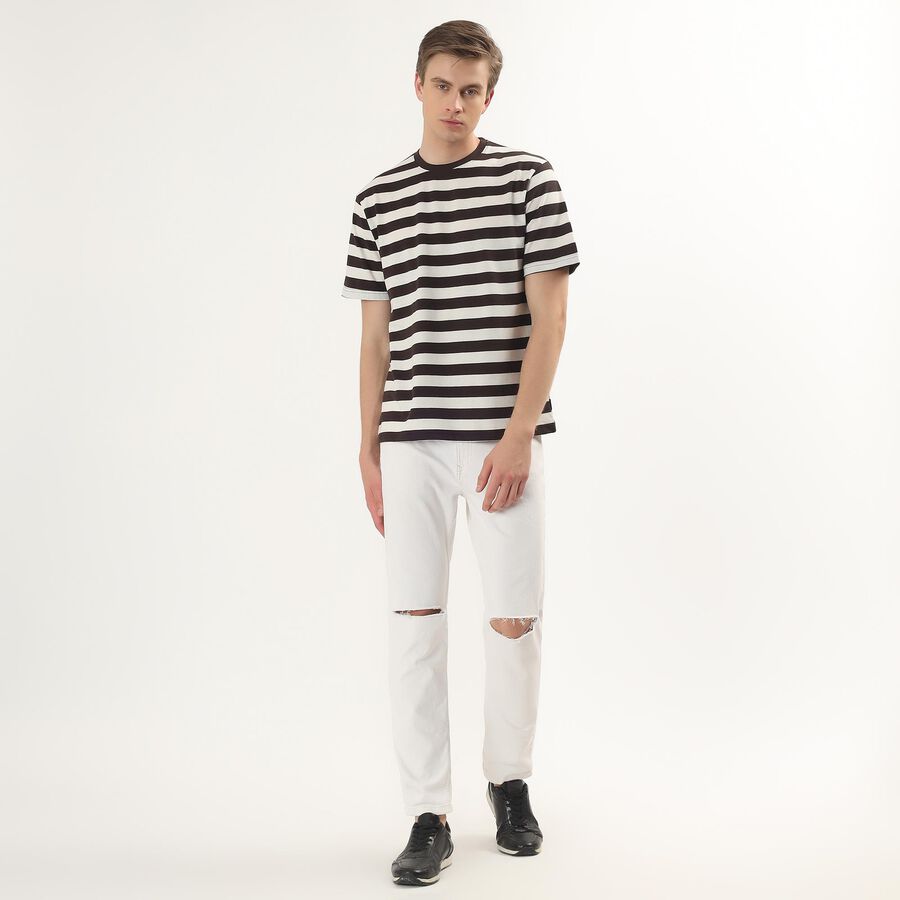 Men's Brown Round Neck Horizontal Striped T-Shirt, Brown, large