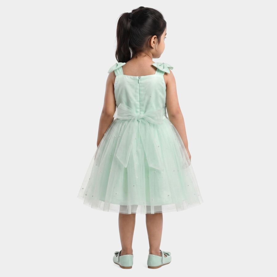 Girls' Mint Green Fit and Flare Pearl Embellished Tulle Frock, Light Green, large
