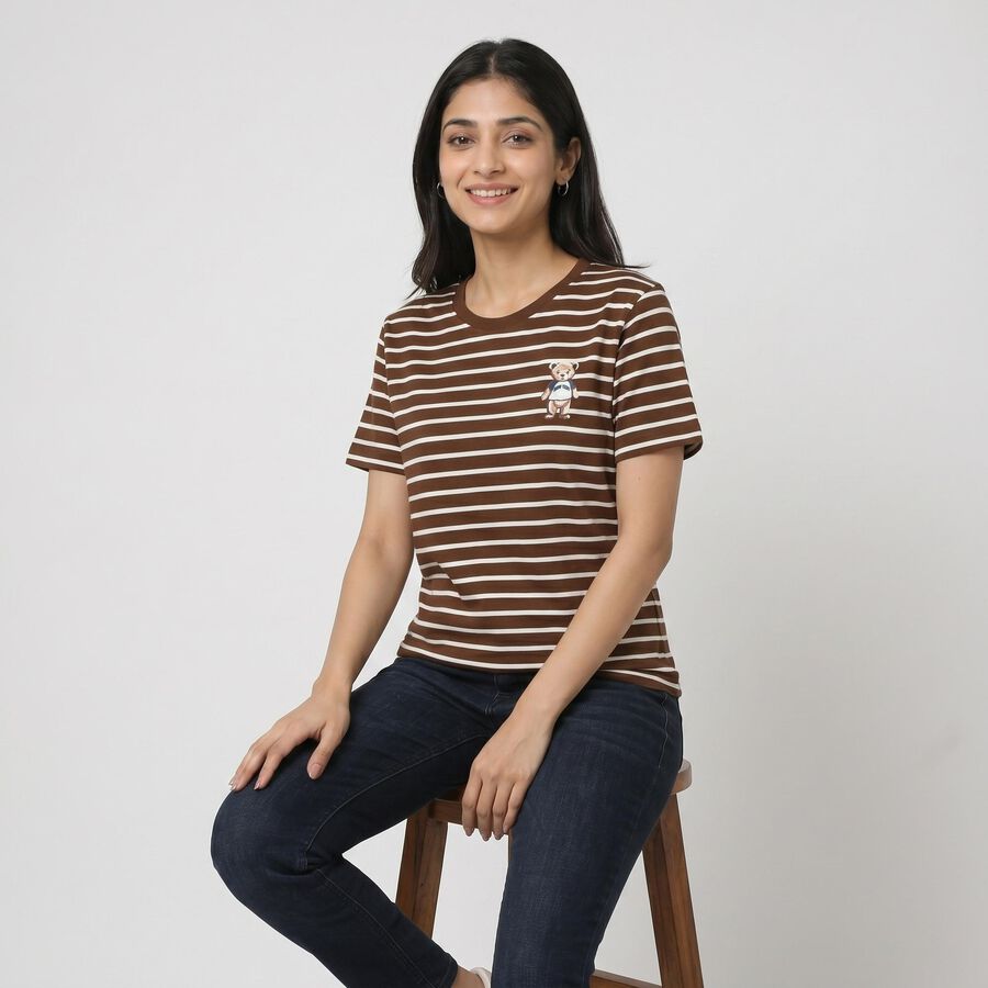 Women's Brown Round Neck Regular T-Shirt, भूरा, large