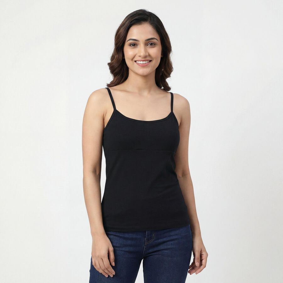 Women's Black Cotton Blend Scoop Neck Slip, काला, large