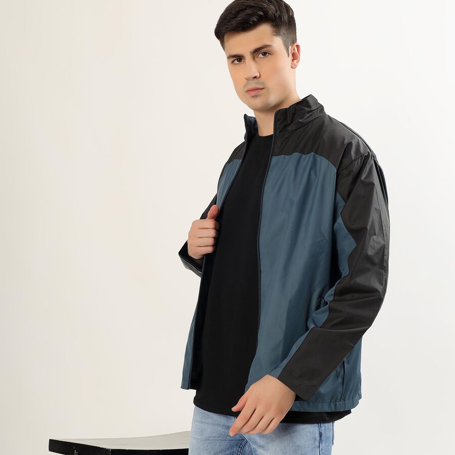 Men's Muted Steel Blue and Jet Black High Neck Casual Jacket, टील ब्लू, large image number null