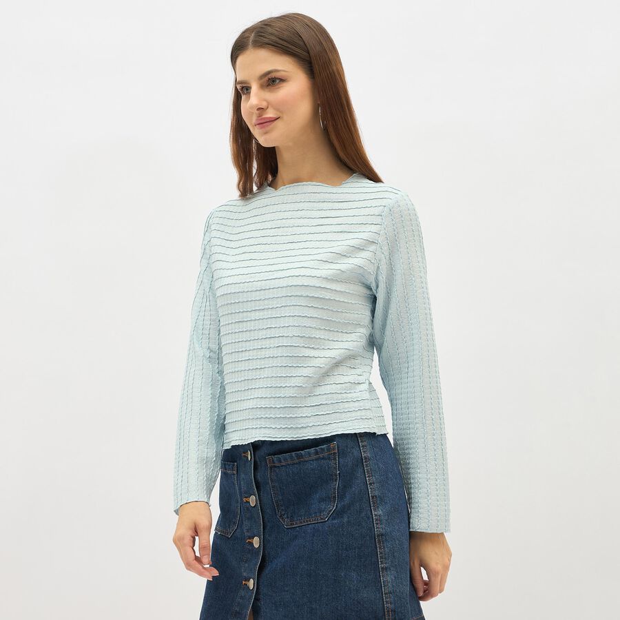 Women's Light Powder Blue Round Neck Casual Top, Light Blue, large image number null