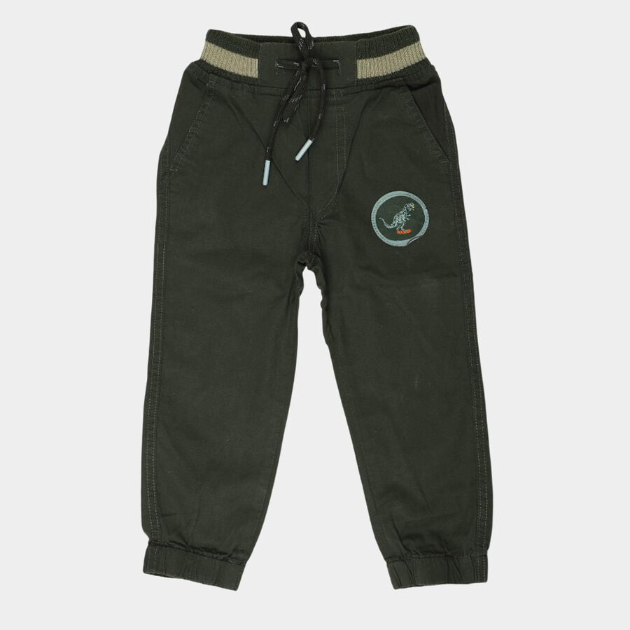 Boys' Olive Green Regular Fit Elastic Waist Trousers, ओलिव, large