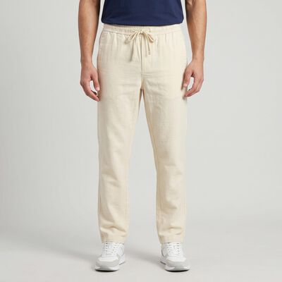 Men's Ecru Melange Slim Fit Drawstring Casual Trousers