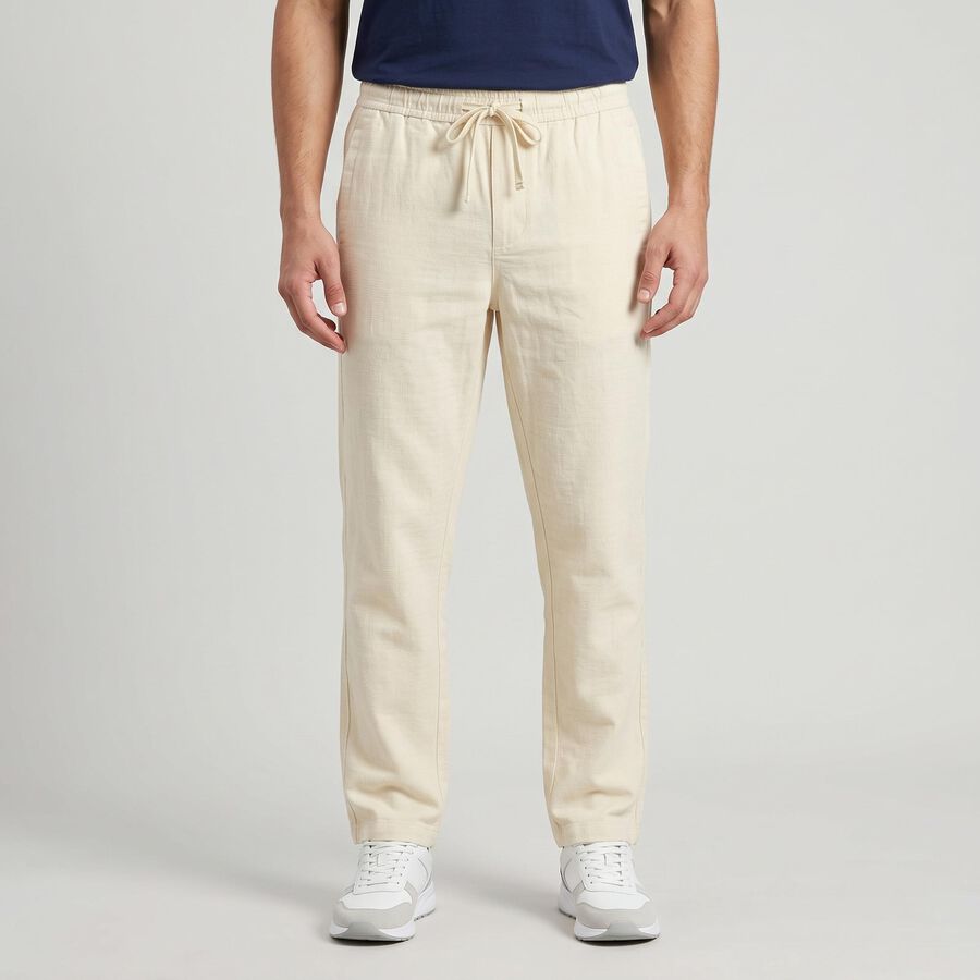 Men's Ecru Melange Slim Fit Drawstring Casual Trousers, Ecru Melange, large