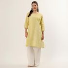 Women's Yellow 100% Cotton Round Neck Textured Kurta, पीला, small