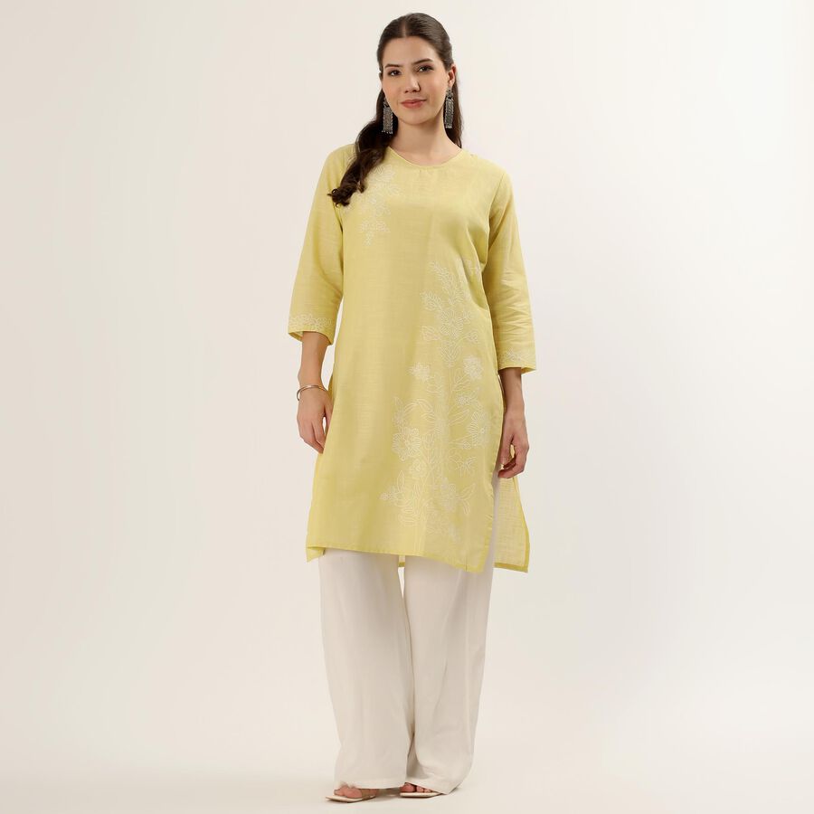 Women's Yellow 100% Cotton Round Neck Textured Kurta, पीला, large