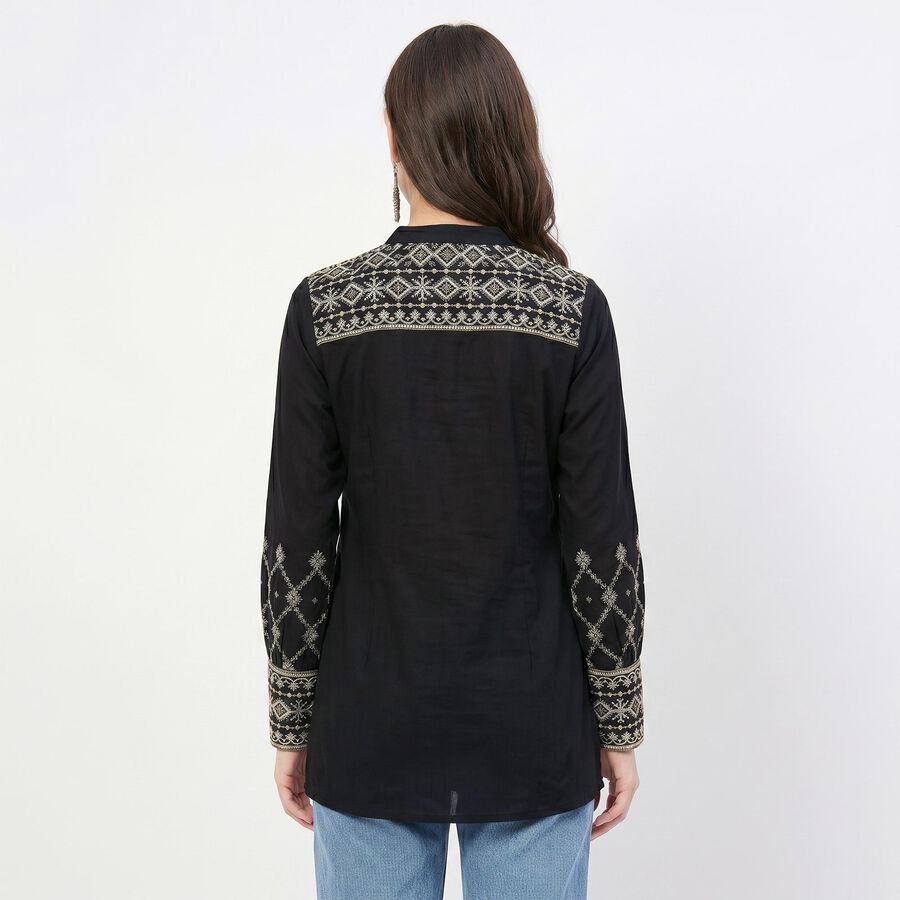 Women's Black Cotton Mandarin Collar Embroidered Kurti, Black, large