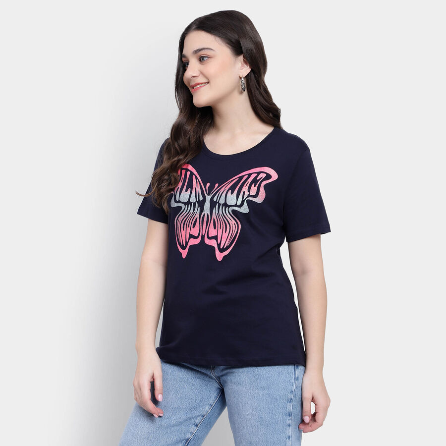 Cotton Solid Round Neck T-Shirt, Navy Blue, large image number null