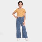 Girls Blue Wide Leg Frayed Hem Jeans, मध्यम नीला, small