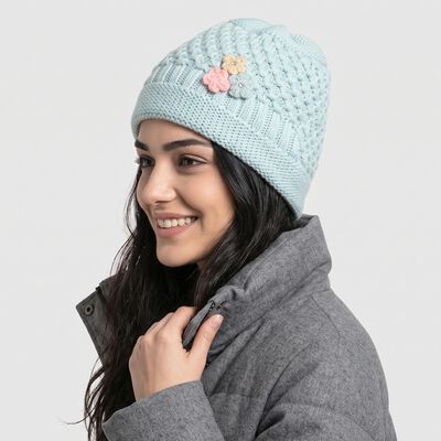 Women's Mint Green Floral Applique Beanie Cap